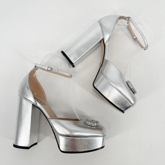 Gucci Silver Metallic Crystal GG Platform Ankle Strap Block Heel Pumps EU 37.5 - Picture 4 of 16